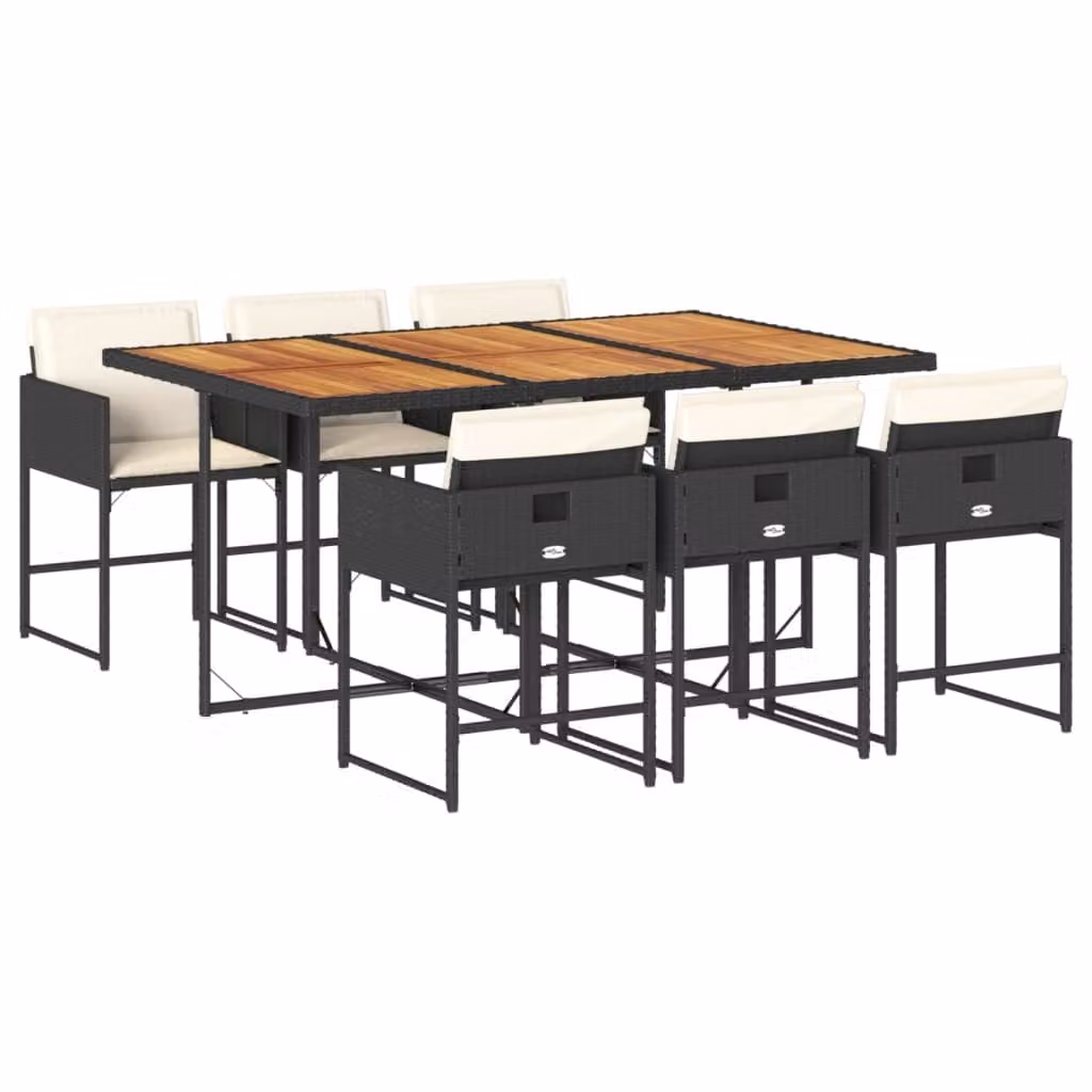 Set da Pranzo da Giardino 7 pz Nero con Cuscini in Polyrattan