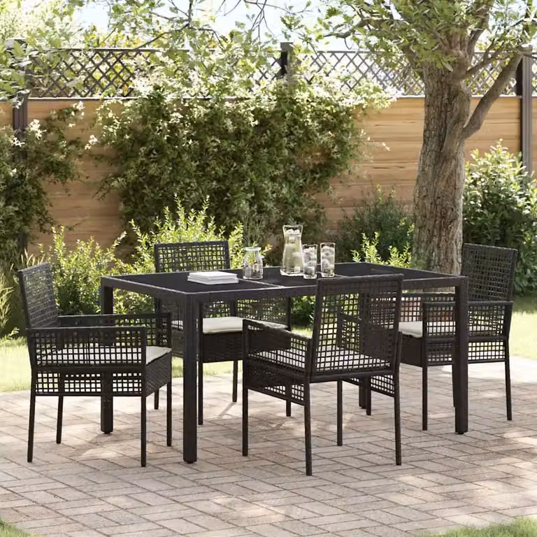 Set da pranzo per giardino e terrazzo vidaXL in polyrattan nero e beige con tavolo in vetro e 5 sedie