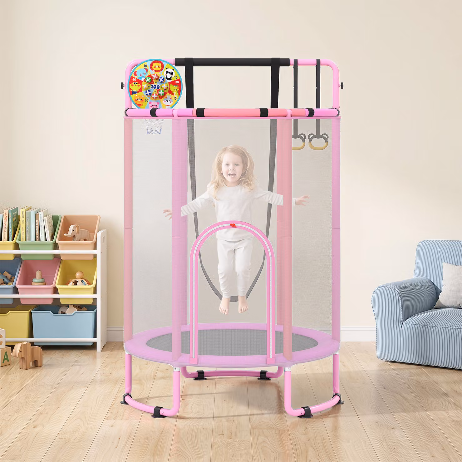 Costway Trampolino 6 in 1 per bambini con rete e altalena, colore viola, diametro 140 cm