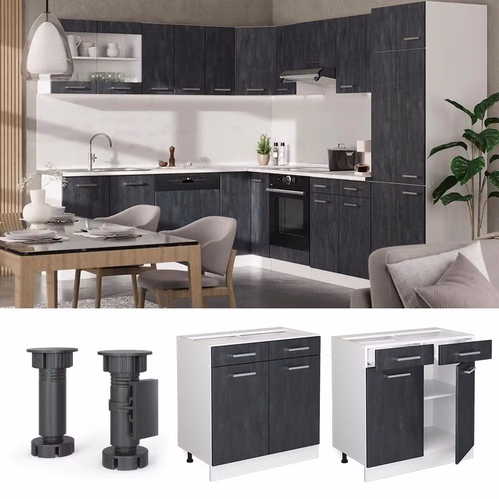 Mobiletto base per cucina Vicco R-Line moderno con ante a battente e cassetti, nero/bianco/grigio, L: 80 cm – 2