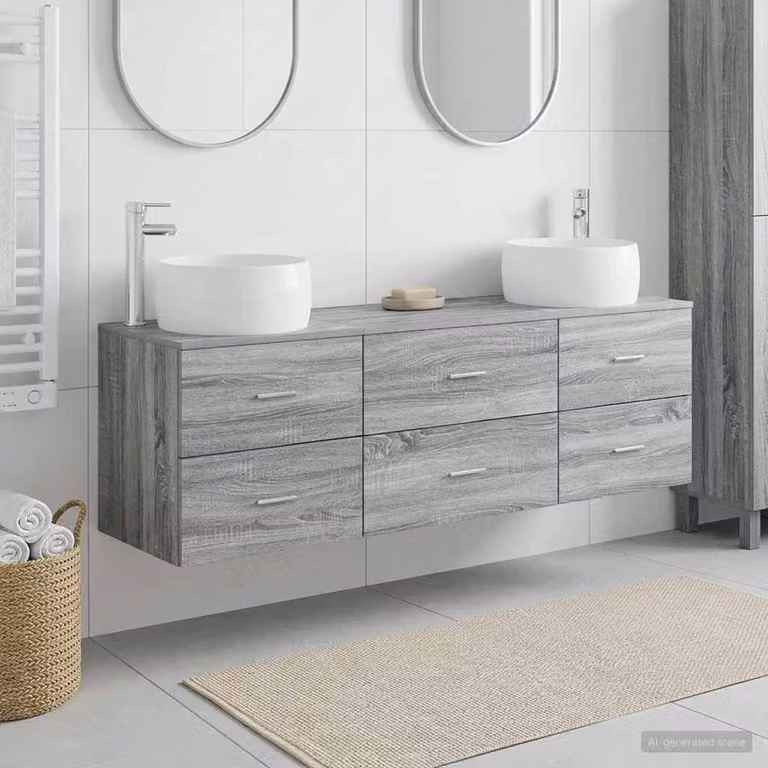Set di mobili per il bagno moderno vidaXL in 3 pezzi, colore grigio argento, con vanità e cassetti interni, montaggio a parete