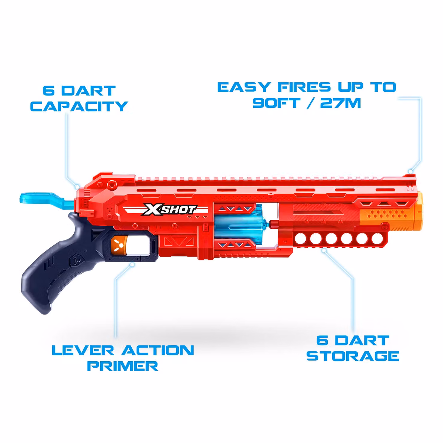 ZURU XShot Excel Caliber Blaster con 16 dardi in plastica e gommapiuma, colori rosso, arancione e blu – 2