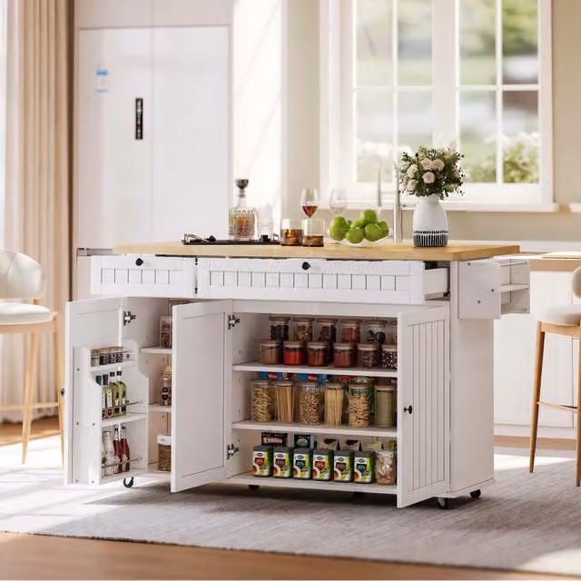 Isola da cucina pieghevole - Zephmum - 137x89,5x45 cm - Bianco - Con ripiani e cassetti