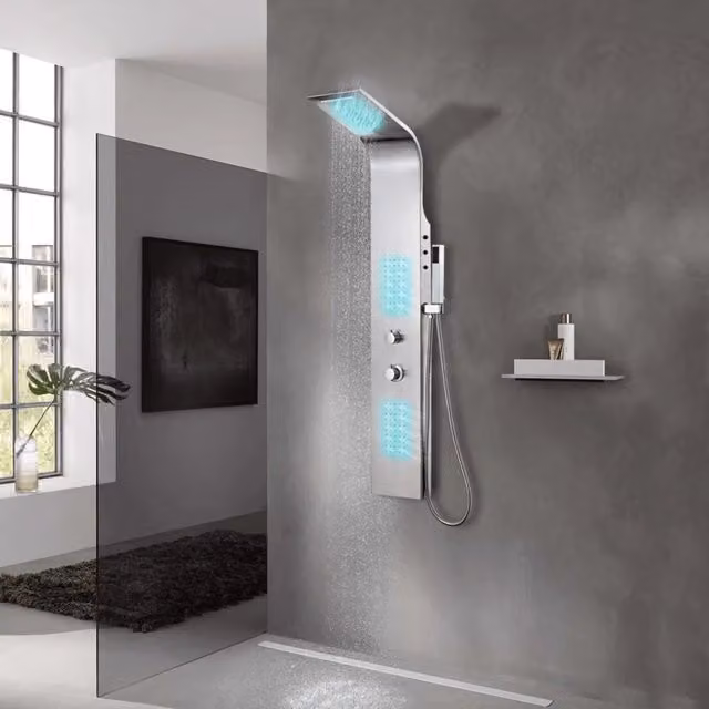 Pannello Doccia Curvo vidaXL in Acciaio Inossidabile Spazzolato Argento con Doccino a Mano e Termostato, Funzioni Rain e Massage, H: 130 cm, L: 44 cm, P: 20 cm – 1