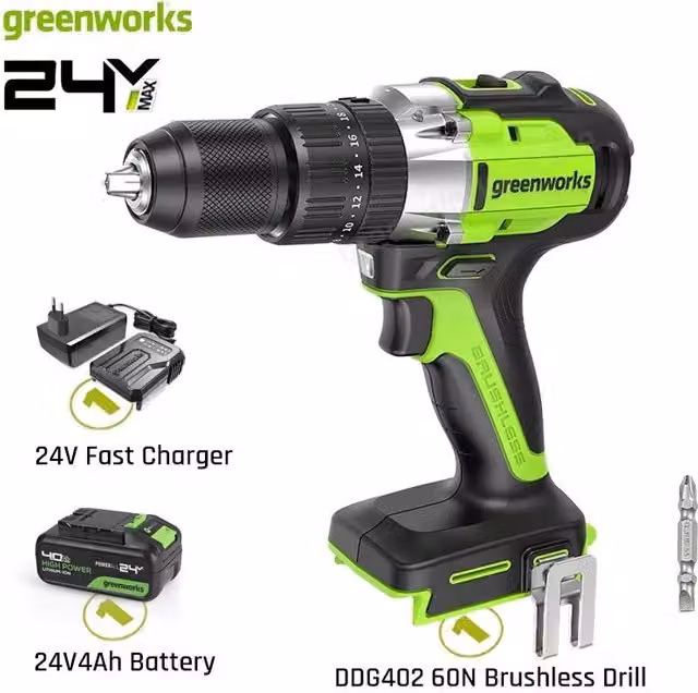 Trapano avvitatore a percussione senza fili Greenworks DDG402 verde con batteria ricaricabile e 2 velocità fino a 1750 giri/min