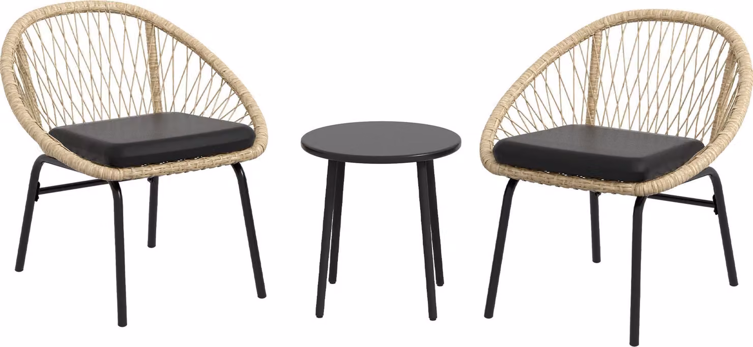 Set di mobili da giardino in rattan Sweiko, 3 pezzi, set da balcone con tavolino + 2 sedie, cuscini inclusi, resistente alle intemperie, giallo