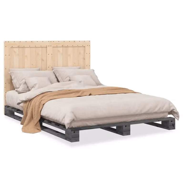 vidaXL Giroletto con Testiera in Legno Massello di Pino Grigio L 140 x P 200 cm