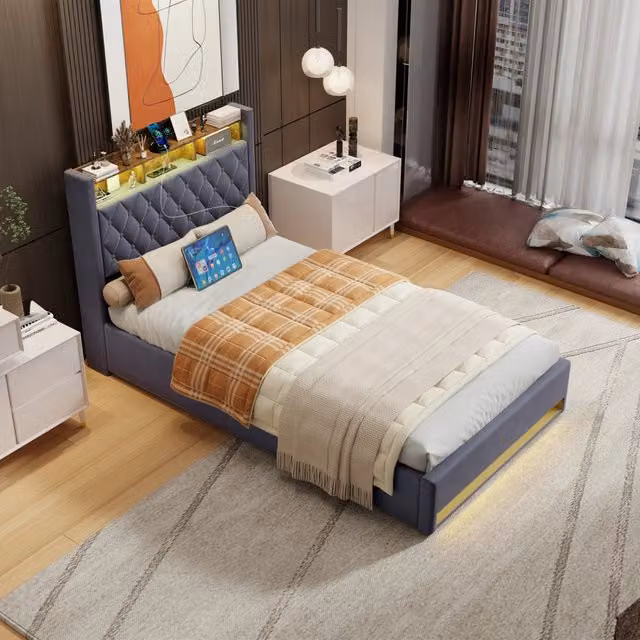 Letto matrimoniale imbottito in velluto grigio scuro con rete a doghe 140x200 cm