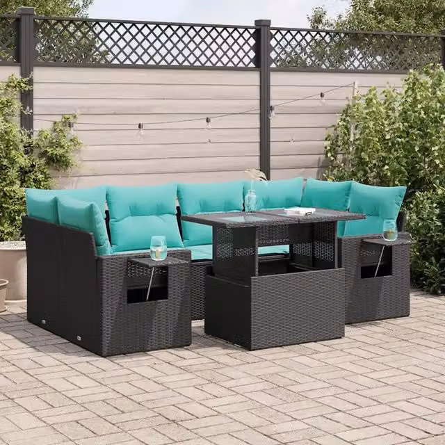 Set Divani Giardino 7 pz con Cuscini Nero Polyrattan Acacia 3326428