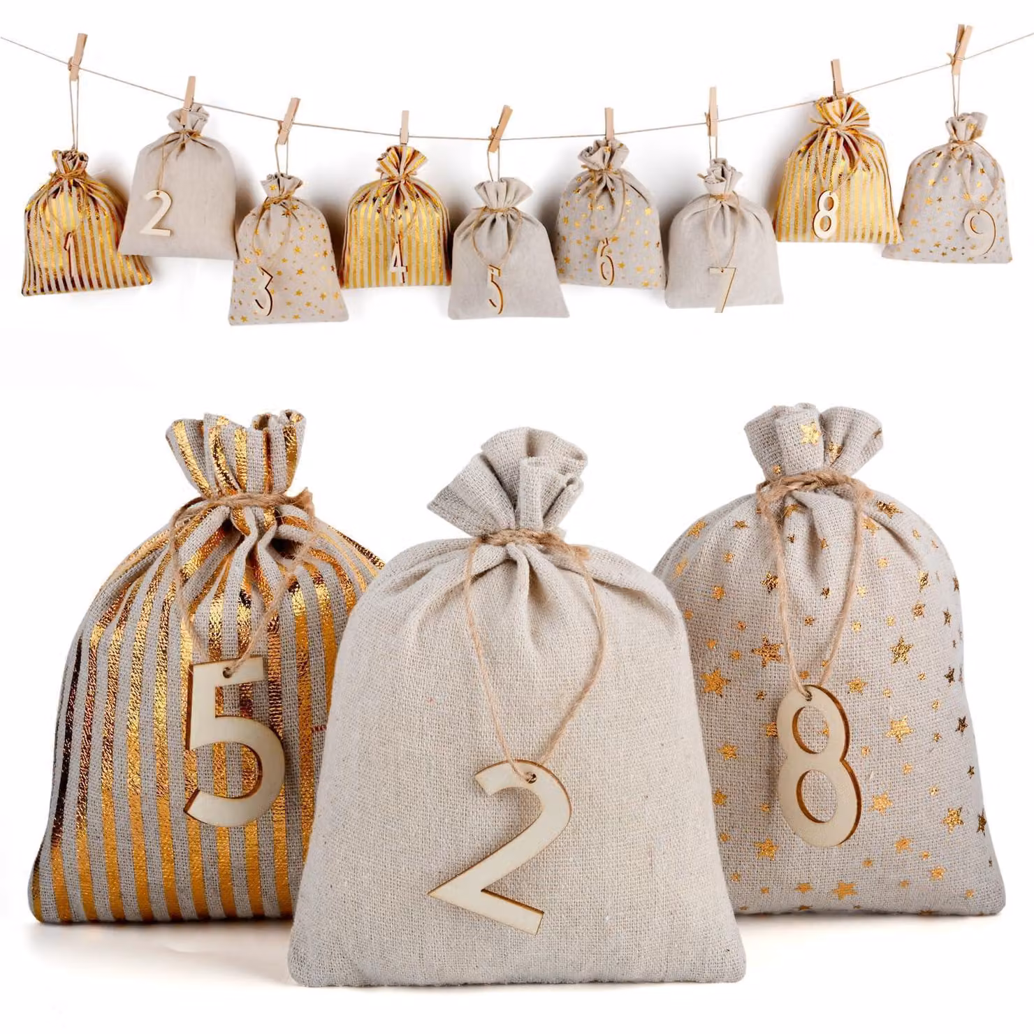 Set di 24 sacchetti per l'avvento, in juta, dimensioni 13x18 cm, con targhette in legno e decorazioni glitterate