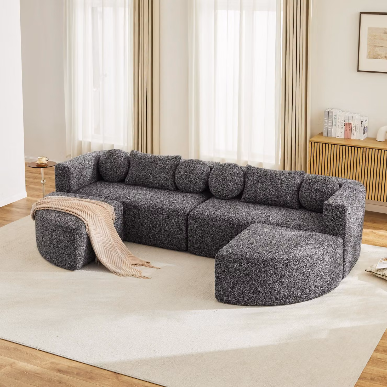 Divano ad angolo Merax a 4 posti, divano letto modulare a forma di U con funzione letto, divano Cloud a compressione totale, divano in ciniglia, da montare, grigio scuro
