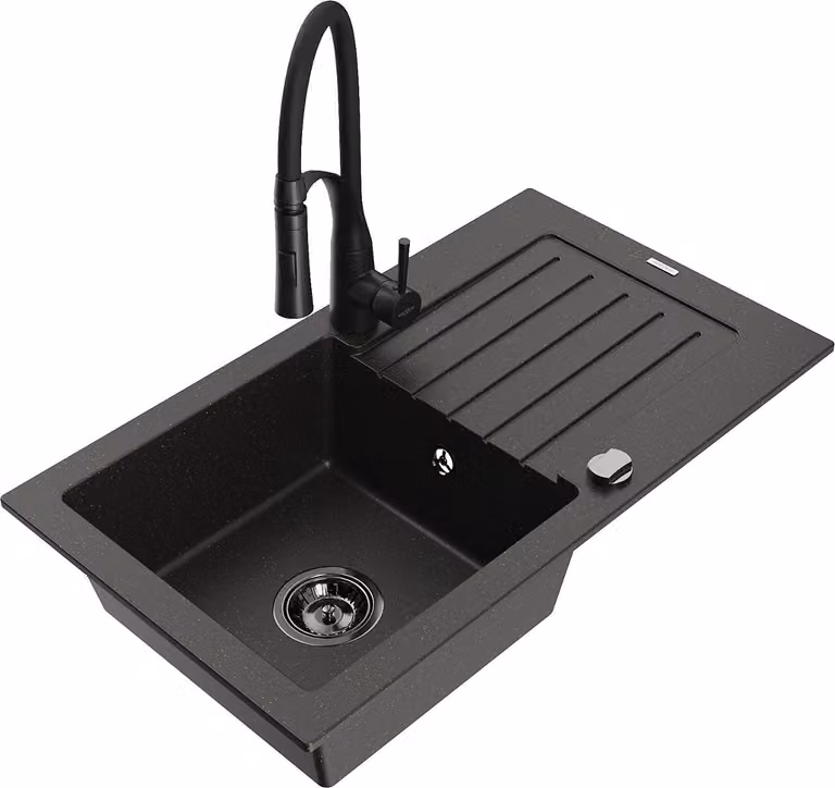 Mexen Pablo lavello in granito a 1 vasca con sgocciolatoio e rubinetto da cucina Aster, nero/oro metallizzato