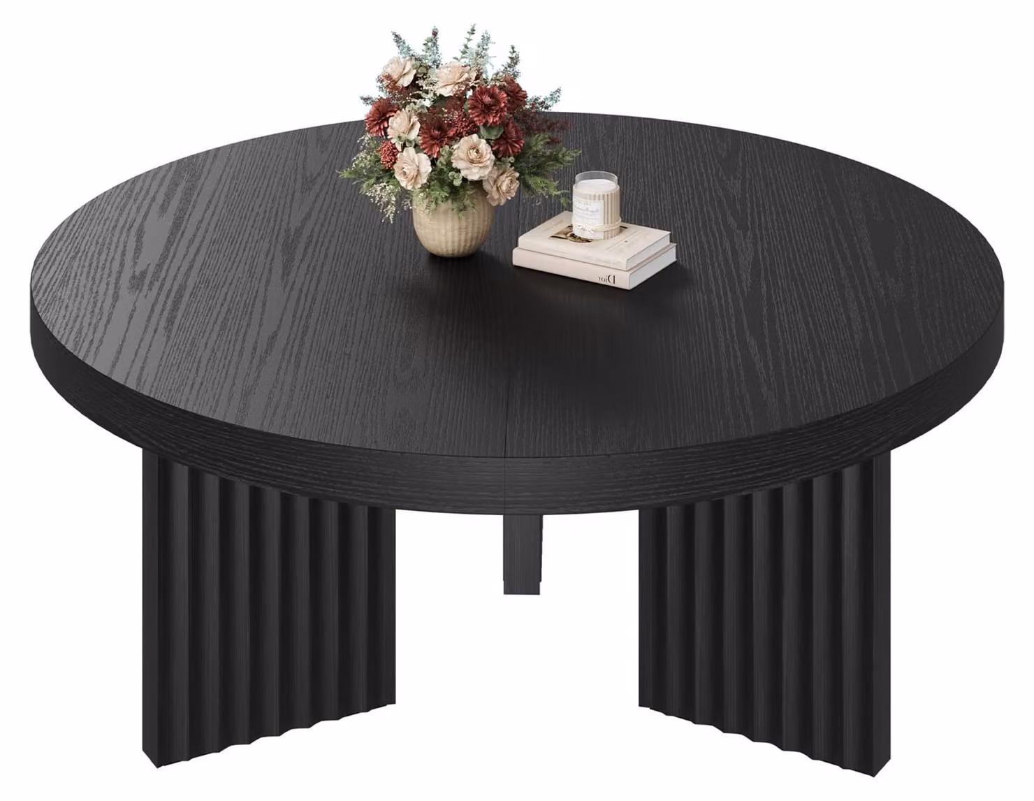 Tavolino da caffè rotondo, diametro 85 cm, con gambe scanalate, design moderno, ideale per il soggiorno, realizzato in MDF, finitura nera strutturata