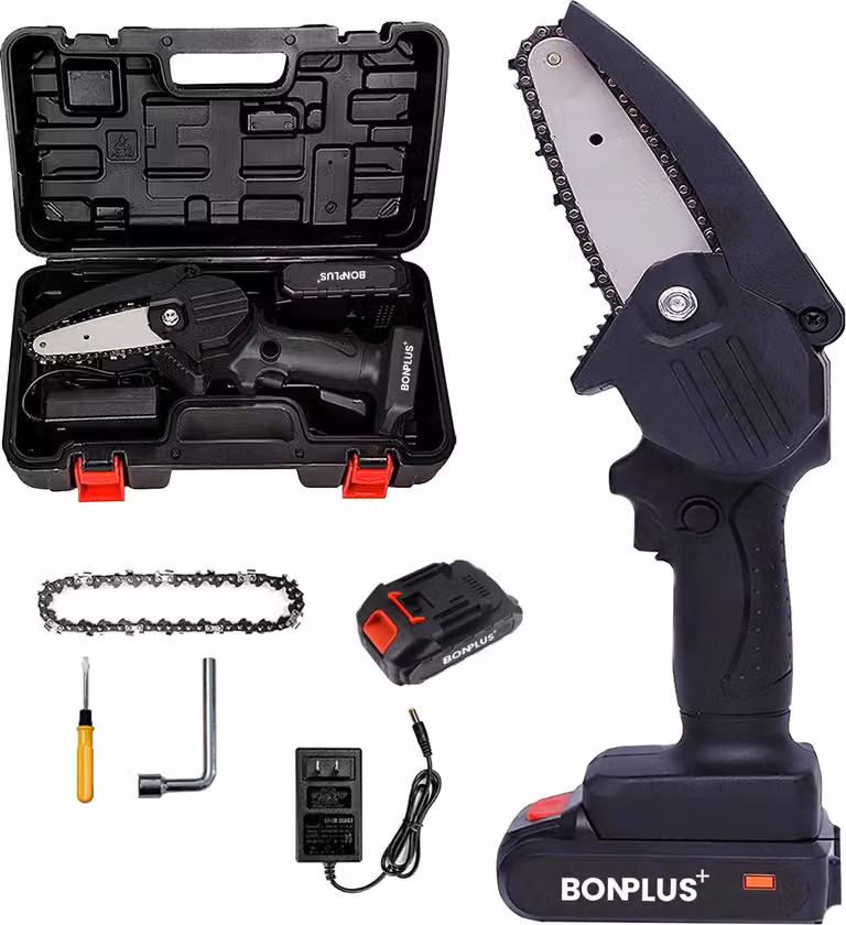 Bonplus BP | Mini motosega meccanica a batteria | Motosega elettrica a mano | 6 pollici | Per tagliare alberi da giardino e legno | Casa