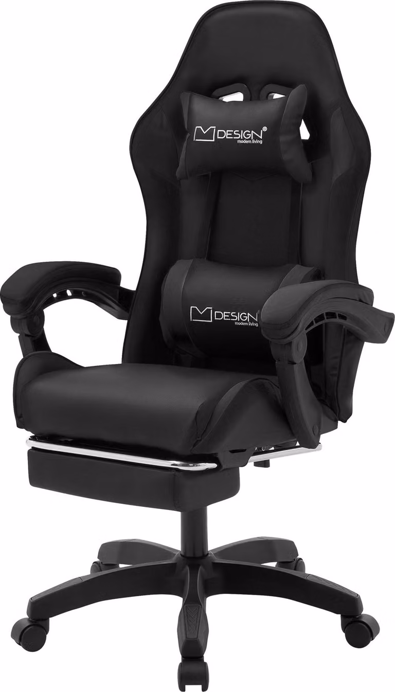 ML-Design sedia da gioco con poggiapiedi, Pelle finta nera, sedia da ufficio ergonomica con bracciolo poggiatesta cuscino lombare, sedia girevole regolabile