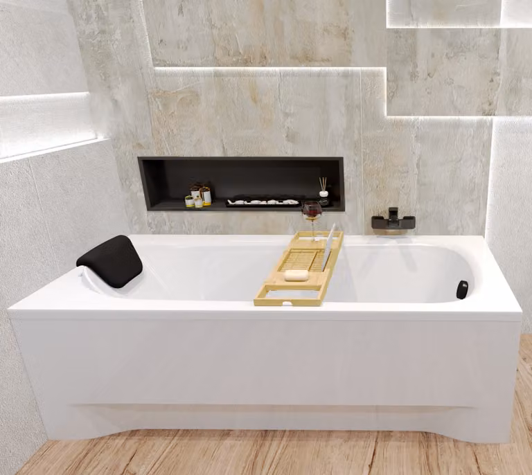 Vasca rettangolare 180x80 con set di scarico e piedini GRATUITI + pannellatura (grembiule in acrilico) + mensola in legno di bambù + poggiatesta in nero | BADLAND BONA