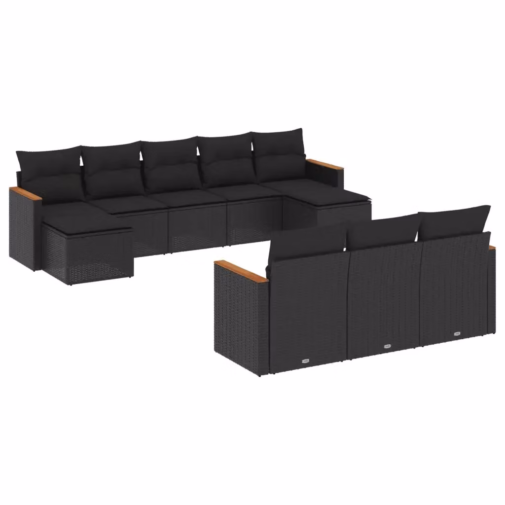 Set Divani da Giardino vidaXL a Forma a U in Polyrattan Nero con Cuscini e Ottoman – 2