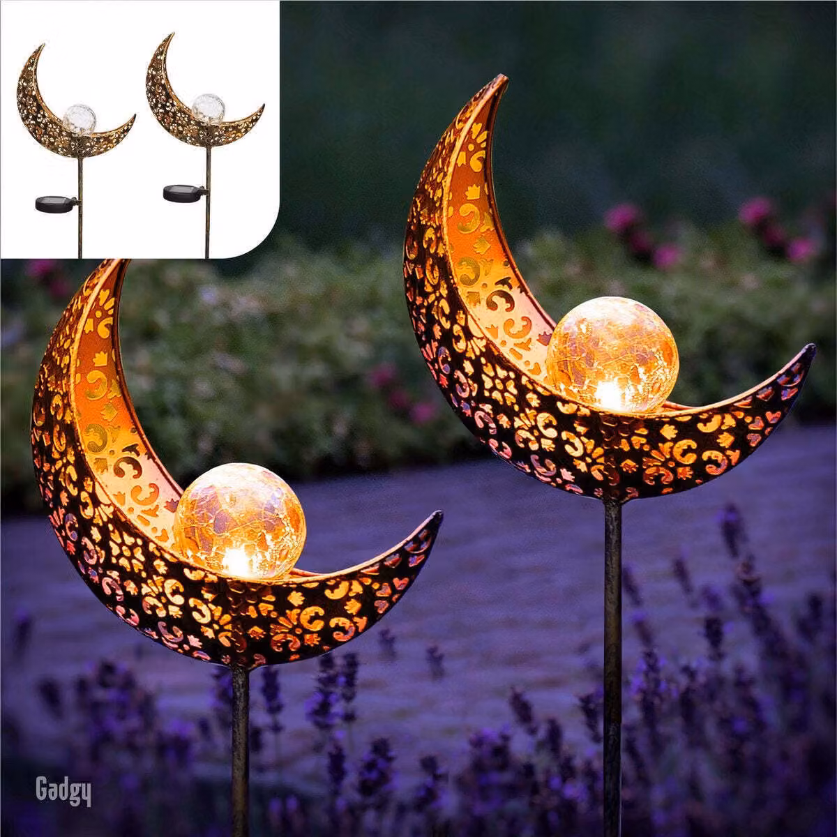 Gadgy Gadgy -- Lampada solare a forma di luna - CON picchetto e sensore - 2 pezzi - Bronzo/oro - 88 cm