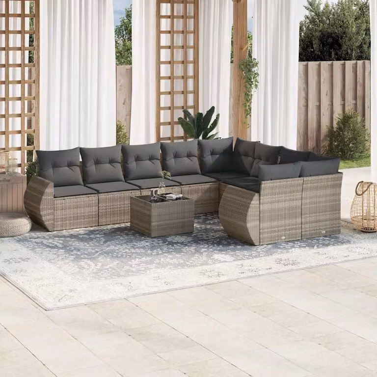 vidaXL Set Divano da Giardino a L in Polyrattan Grigio con 10 Pezzi e Cuscini