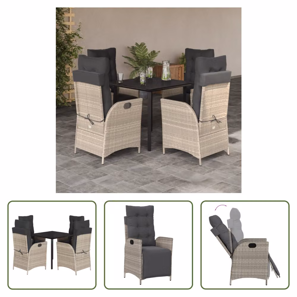 The Living Store Set da pranzo da giardino 5 pezzi con cuscini in rattan grigio chiaro
