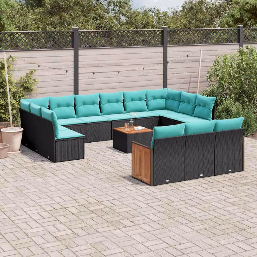 Set di divani da giardino vidaXL in polyrattan nero con cuscini blu a forma di U per esterno e terrazza