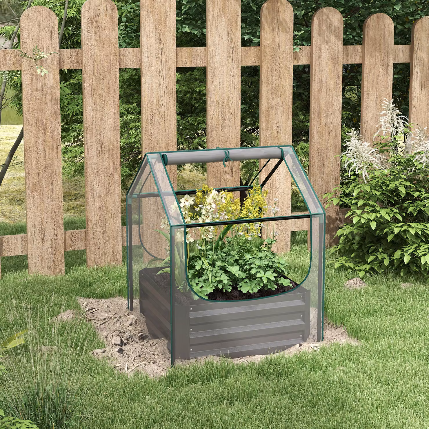 Outsunny Cassone da giardino con mini serra e fioriera rialzata in acciaio zincato, grigio scuro, L: 70 cm, P: 70 cm, H: 90 cm – 2