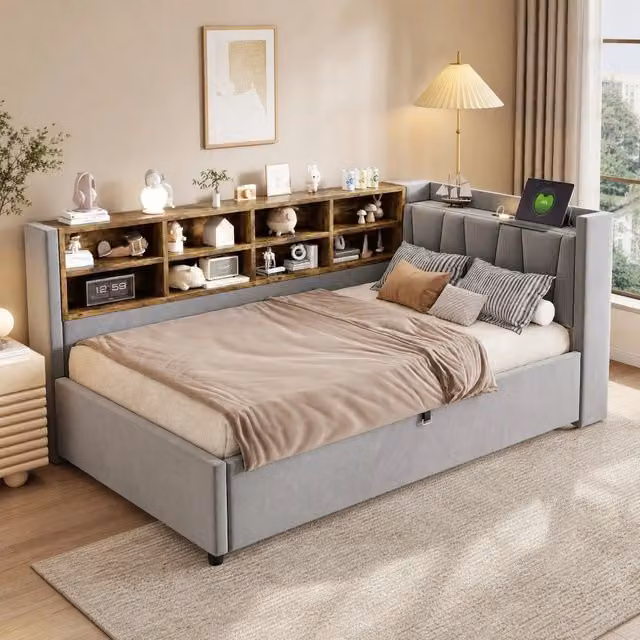 Letto imbottito MODFU con contenitore idraulico, luce notturna, porte USB e Type-C, grigio, L: 90 cm, P: 200 cm