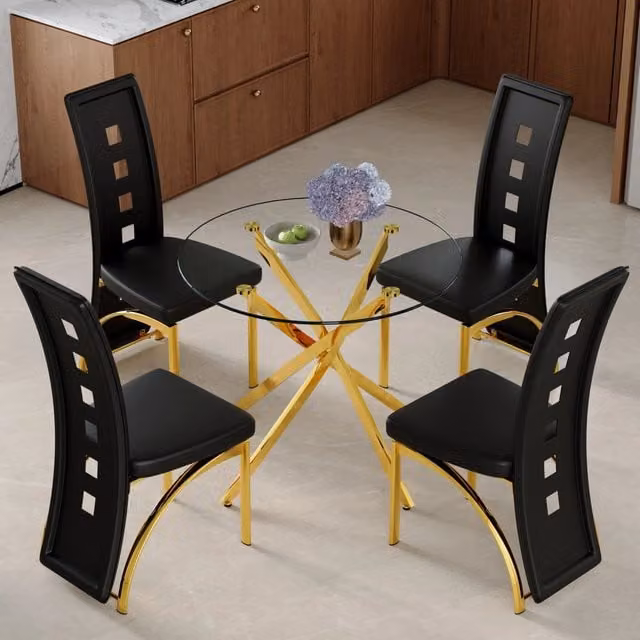 Tavolo da pranzo rotondo in vetro temperato con 4 sedie in PU per cucina e sala da pranzo nero oro 88 cm