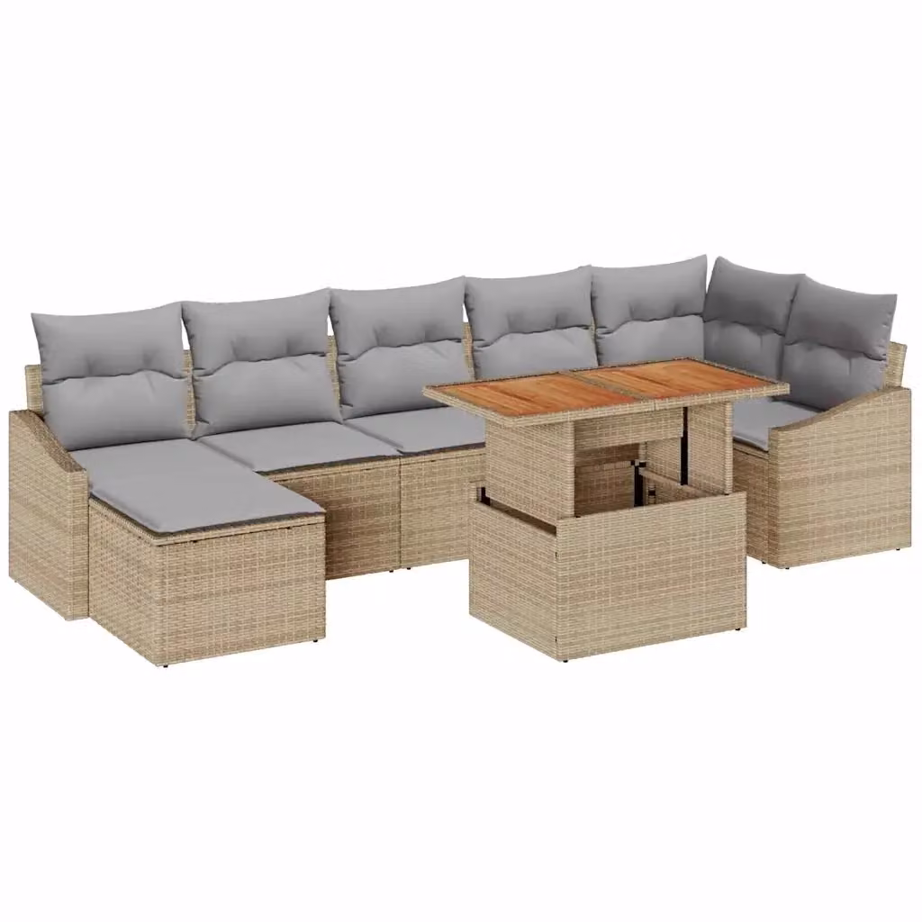Set da pranzo da giardino vidaXL in rattan e legno con cuscini, 8 pezzi, beige e grigio – 2