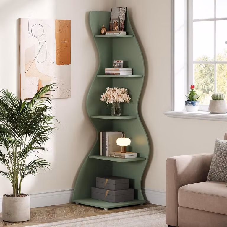 Scaffale angolare a 5 ripiani, motivo a onde, colore verde