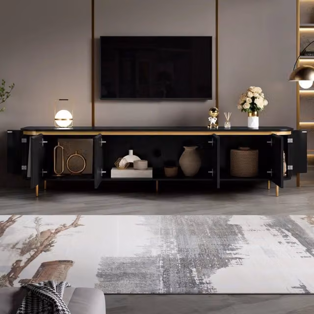 Desviae Mobile porta TV con sei ante passacavi in MDF nero con piedi in ferro e estremità arrotondate 180 × 38 × 46 cm
