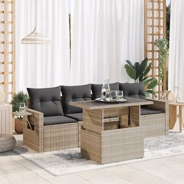Set da giardino vidaXL composto da 5 pezzi con divani, poltrone, tavolino e cuscini in rattan grigio