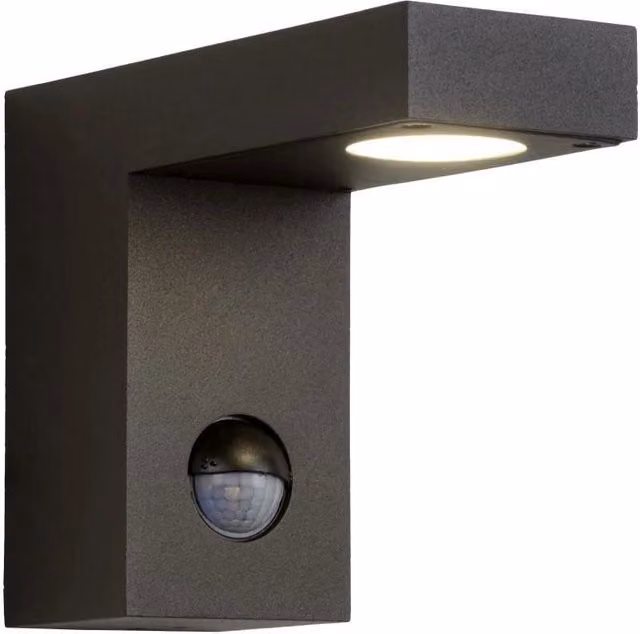 Applique esterna Lucide Texas in metallo nero con LED da 6W 3000K, sensori di movimento e crepuscolare, protezione IP54 per giardino e terrazza