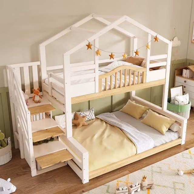 Letto a castello per bambini ¨C Minimal ¨C bianco pino 90x200 / 140x200 con cassetti e ripiani di stoccaggio