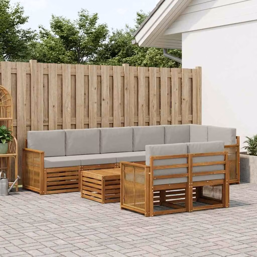 vidaXL Set di divani da esterno 8 pz in legno di acacia con cuscini, colore marrone, grigio e bianco
