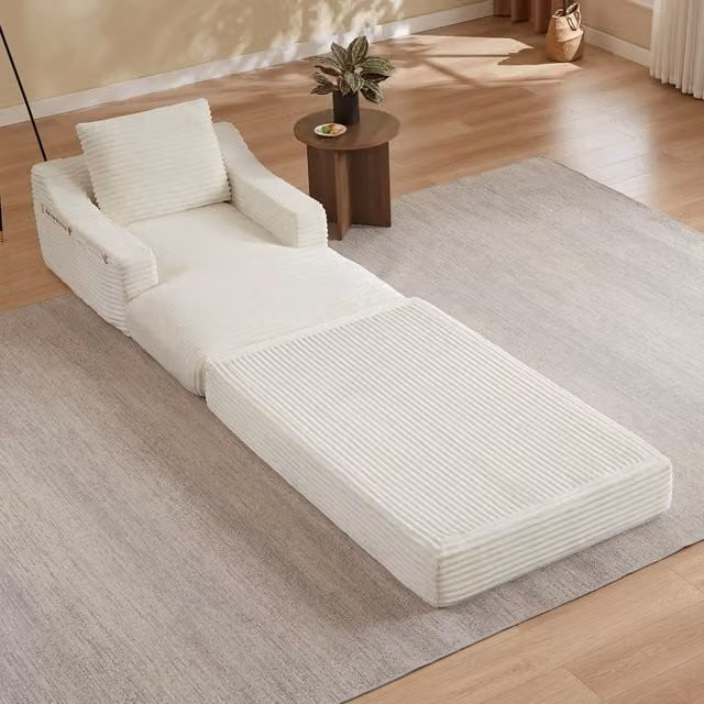 Poltrona convertibile in letto REDOM singola in velluto a coste bianco