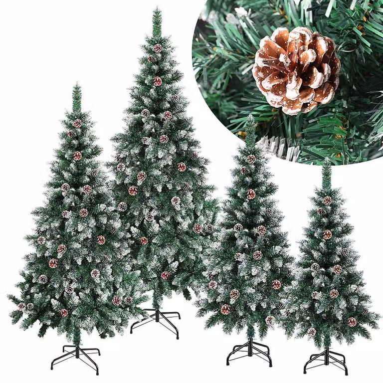 Albero di Natale artificiale con pigne e decorazioni a forma di neve, realizzato in PVC, facile da montare con sistema a innesto, riutilizzabile, altezza 180 cm