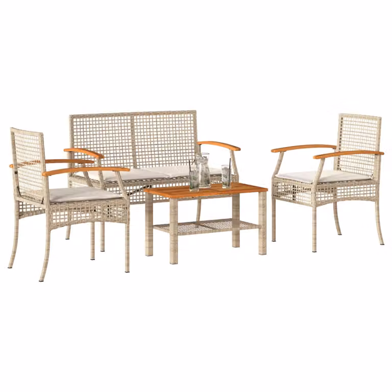 Set da giardino vidaXL composto da 4 pezzi con divani, tavolino da caffè e cuscini beige in rattan e metallo