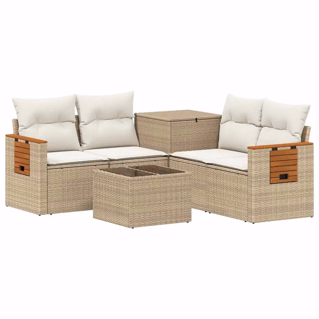 Set di divani da giardino vidaXL in polyrattan con forma a L, colore beige e bianco, composto da 6 pezzi con tavolino da caffè e pouf coordinato – 2