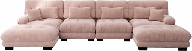 Divano modulare ad angolo a forma di U in chenille rosa, 4 posti con pouf mobile