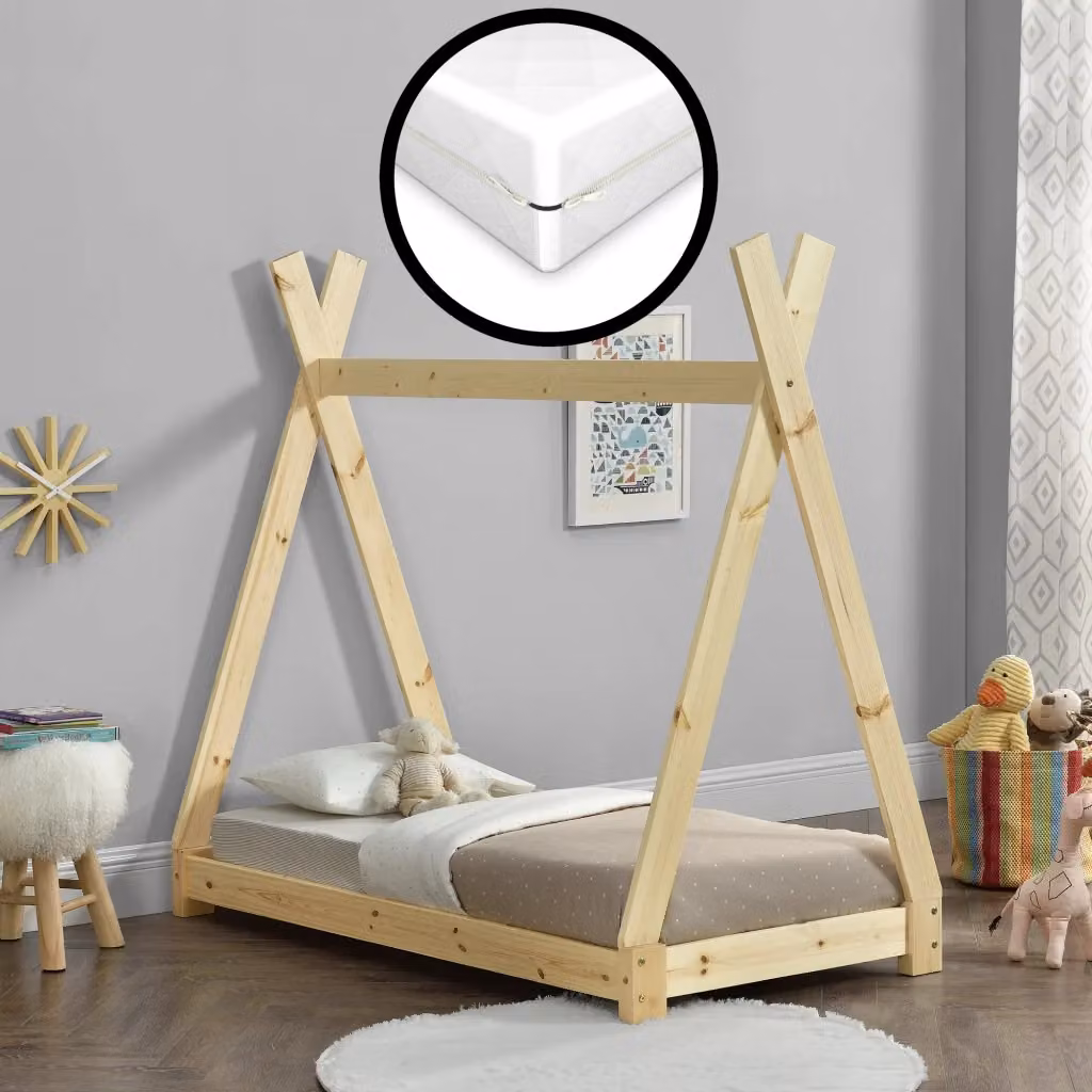 Letto per bambini neu.haus in legno di pino con materasso in schiuma fredda e fodera rimovibile Öko-Tex Standard 100 L/P/H: 140 x 70 x 76 cm – 2