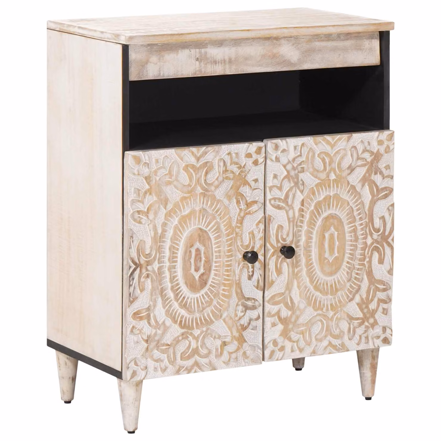 Credenza moderna vidaXL in legno di mango massello, Bianco e Nero, L 60 x P 33,5 x H 75 cm