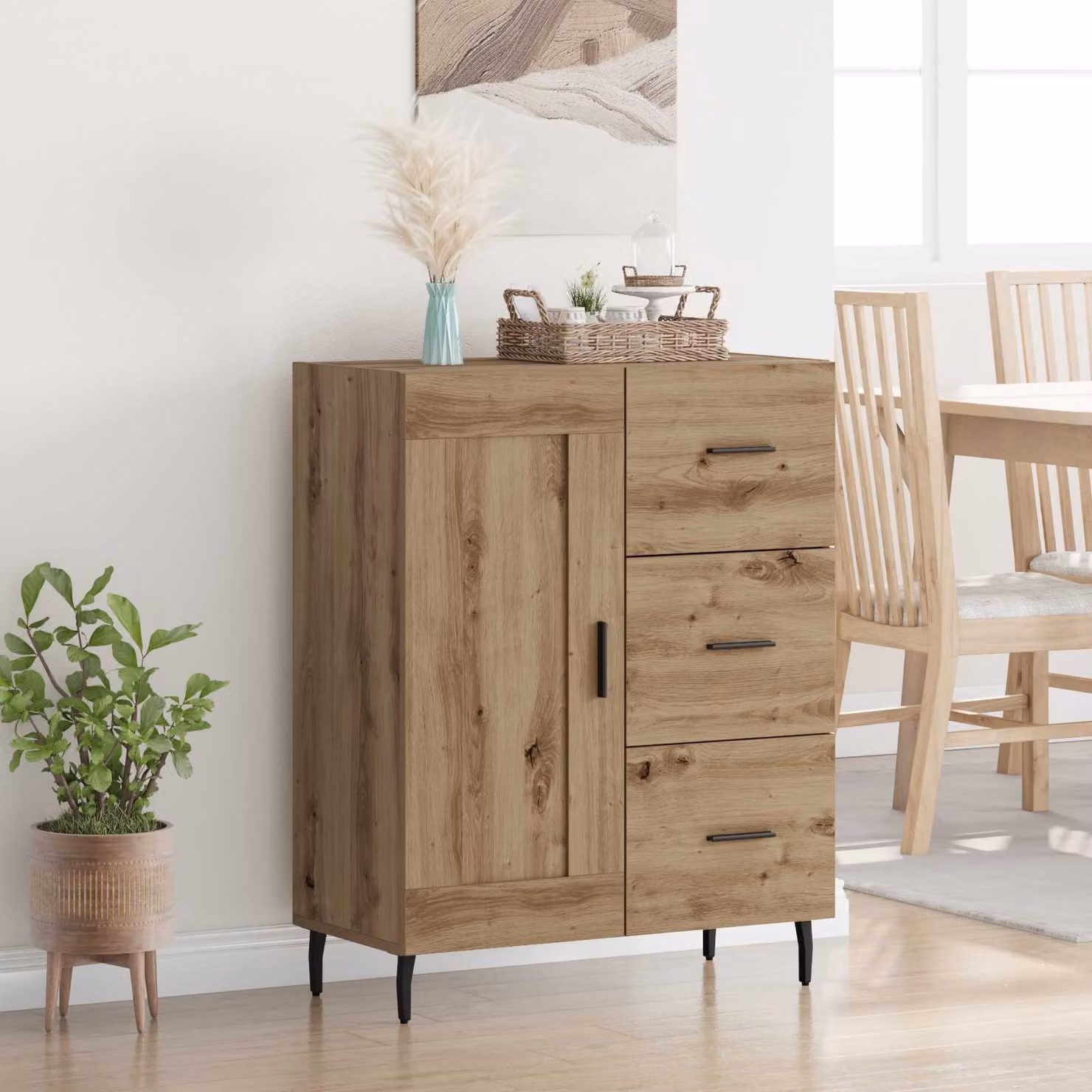 Credenza moderna vidaXL in legno e metallo color rovere, L: 69,5 cm, P: 34 cm, H: 90 cm
