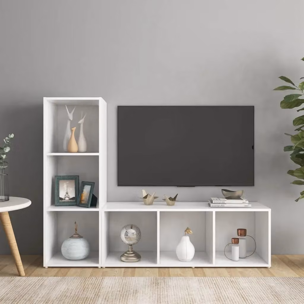 Set di 2 Mobili TV Bianchi in Legno Multistrato per Soggiorno L: 107 cm, P: 35 cm, H: 37 cm – 2
