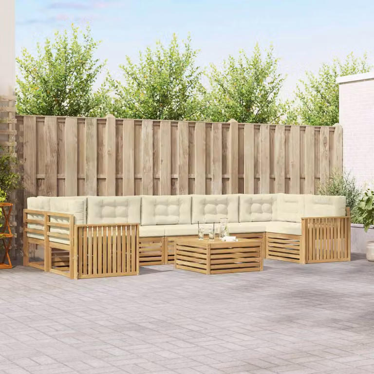 vidaXL Set di divani da esterno 8 pz in legno di acacia con cuscini Bianco e Beige