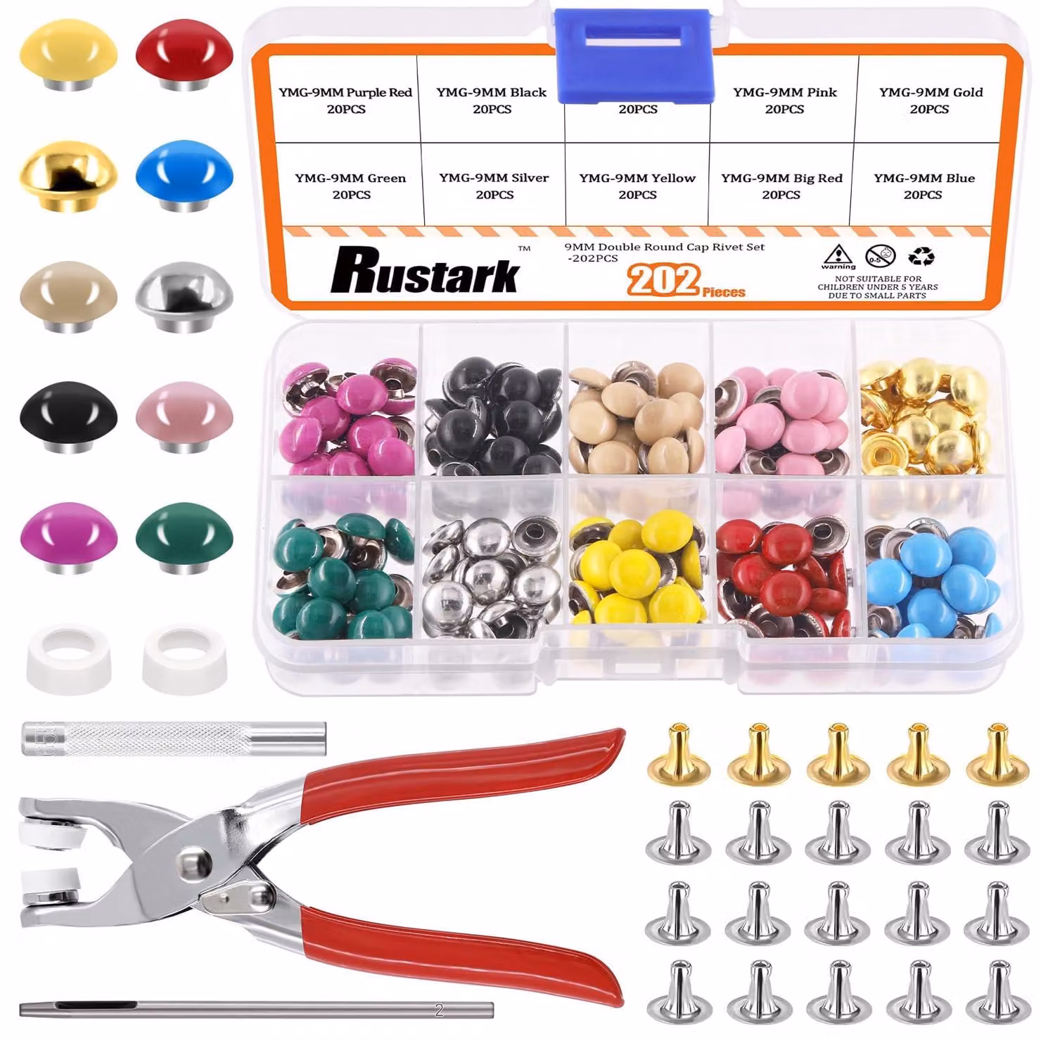 200 set di rivetti in pelle a testa rotonda doppi, con kit di strumenti