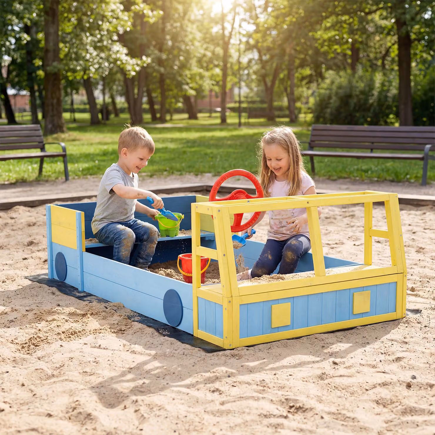 Sabbiera in legno Costway per bambini con panca orientabile e rivestimento a forma di autopompa, multicolore