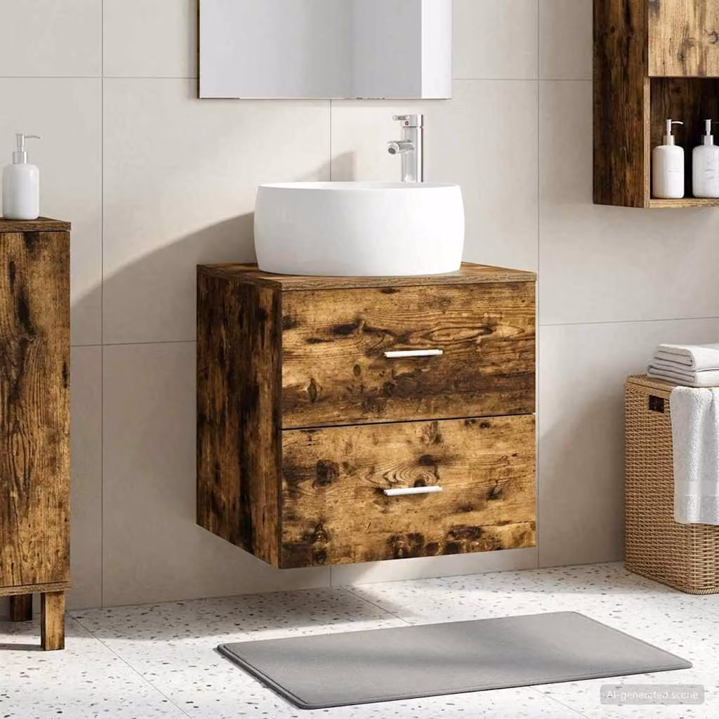 Lavabo da parete moderno vidaXL in Rovere Fumo con cassetti, L: 49,5 cm, P: 44,5 cm, H: 66 cm