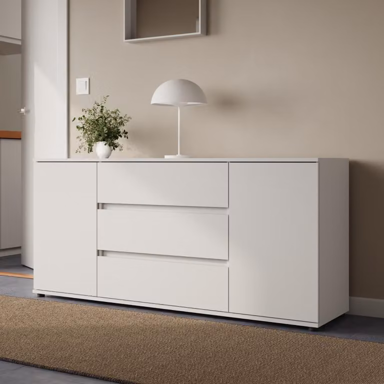 Mobile contenitore multifunzionale, modello "Kommode", con cassetti e ante | Mobile moderno per soggiorno, camera da letto o ingresso | Dimensioni: 150x40x70 cm | 3 cassetti e 2 ante | Colore: bianco
