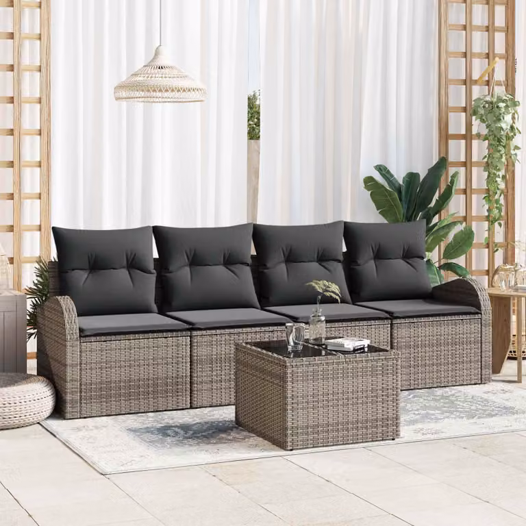 Set Divano da Giardino vidaXL 5 Pezzi Grigio con Tavolino, Struttura in Acciaio e Polyrattan e Cuscini Imbottiti